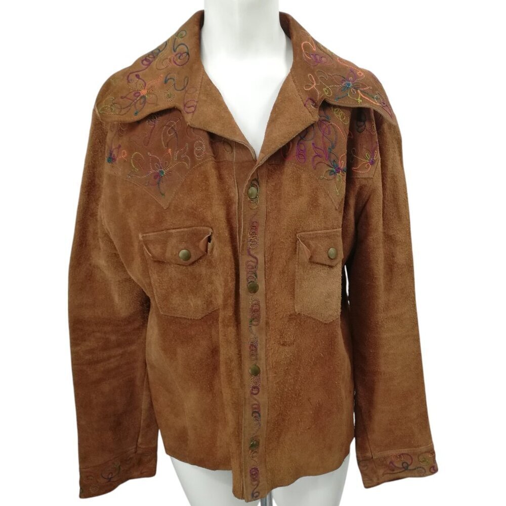 Vintage Suede Embroidered Snap Western Jacket Shirt Size XL Brown Rainbow Collar